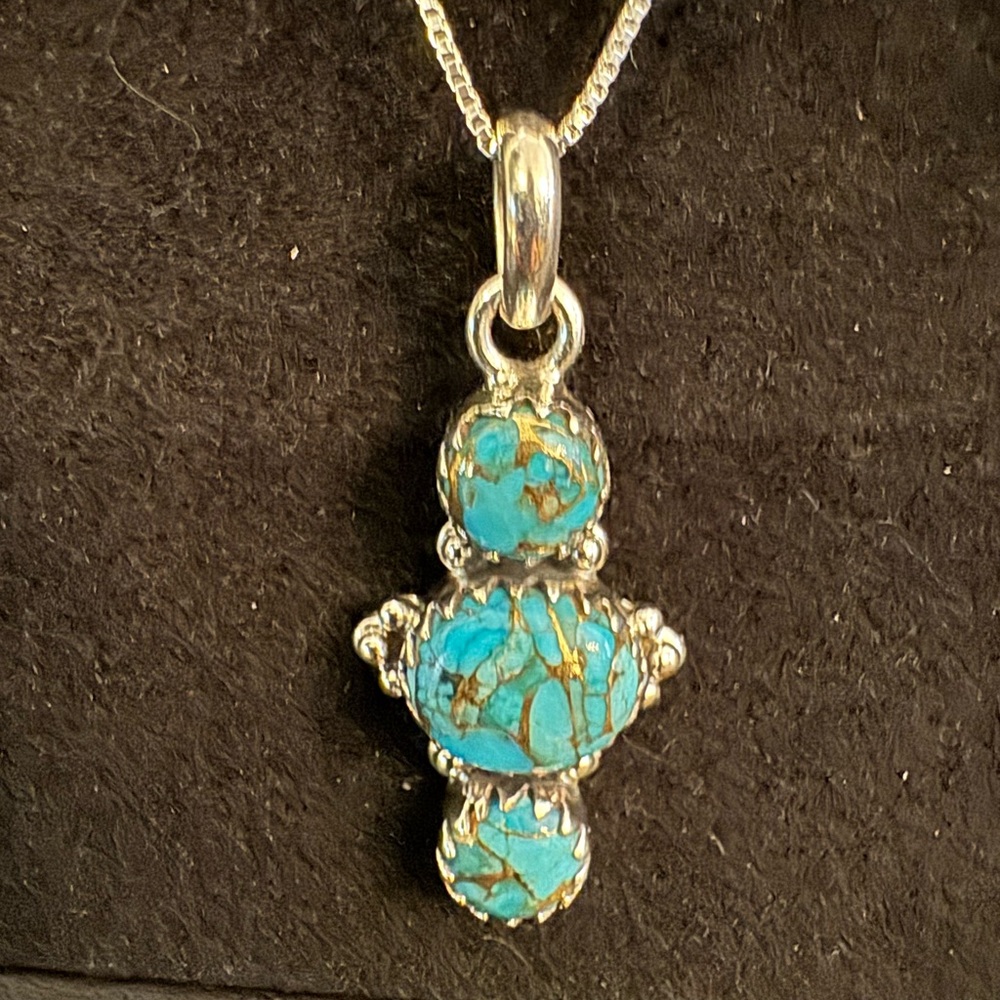 Turquoise Triple Stone Pendant Necklace - Bright Blue Turquoise on Silver